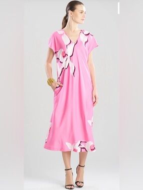 Natori Pink Orchid V‑Neck Satin Maxi Nightgown Side Pockets